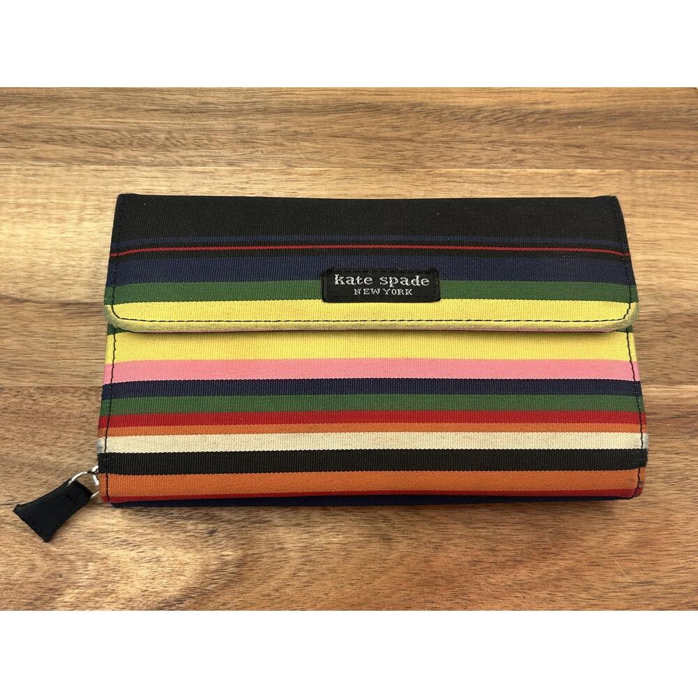 Vtg Kate Spade New York Wallet Rainbow Striped Canvas Zip Around Folding